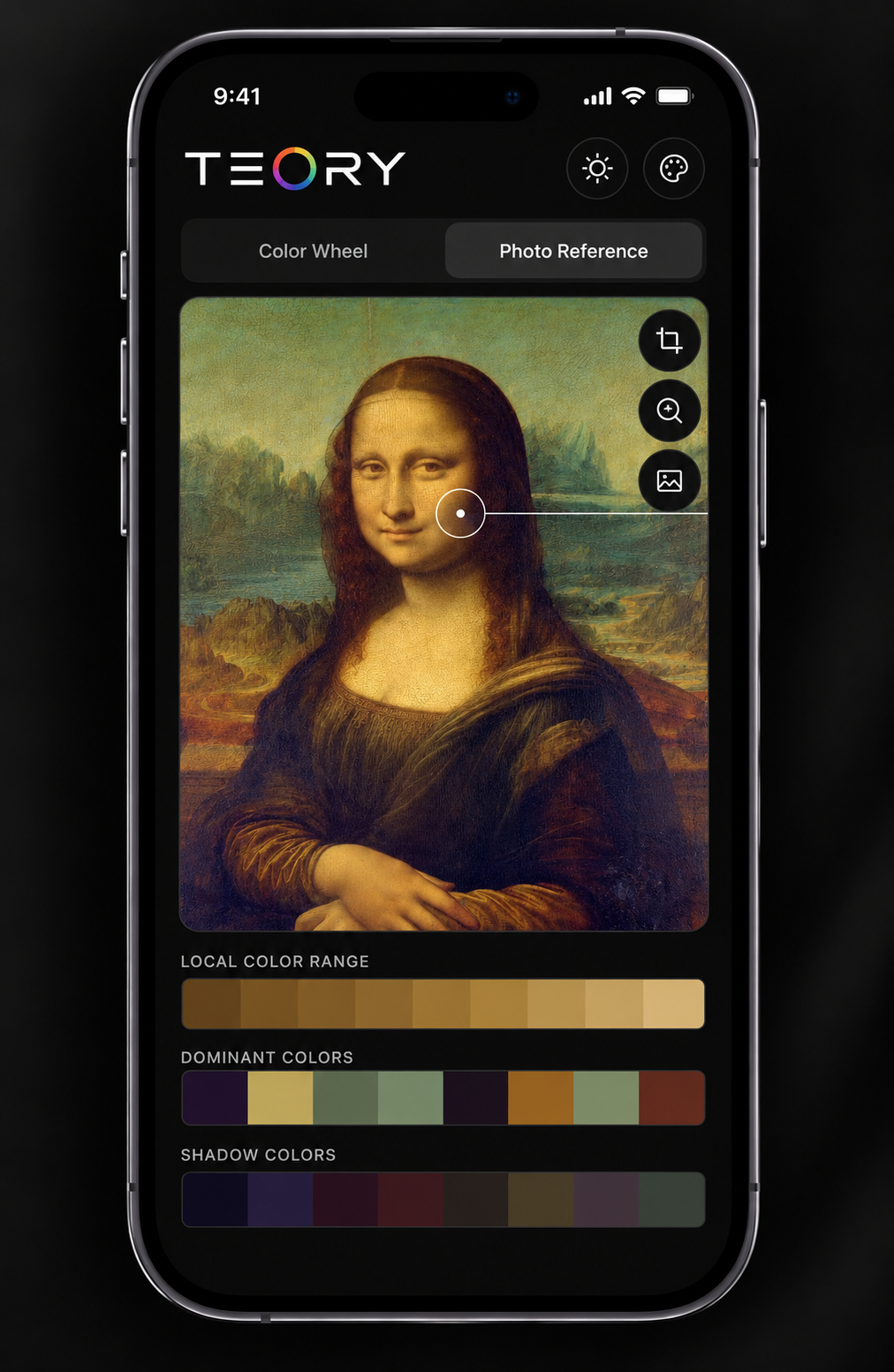 The original TEORY iPhone app, showing the Mona Lisa, a selected color, and the local, dominant, and shadow color ranges.